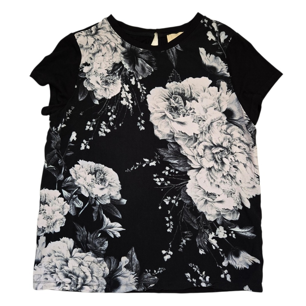 ELIE TAHARI WOMEN'S BLACK WHITE FLORAL PRINT TOP BLOUSE SIZE MEDIUM‎